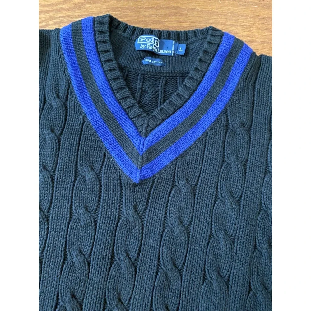 Polo Ralph Lauren Vintage Black Cable Knit V-Neck Cricket Sweater Mens Large‎ L